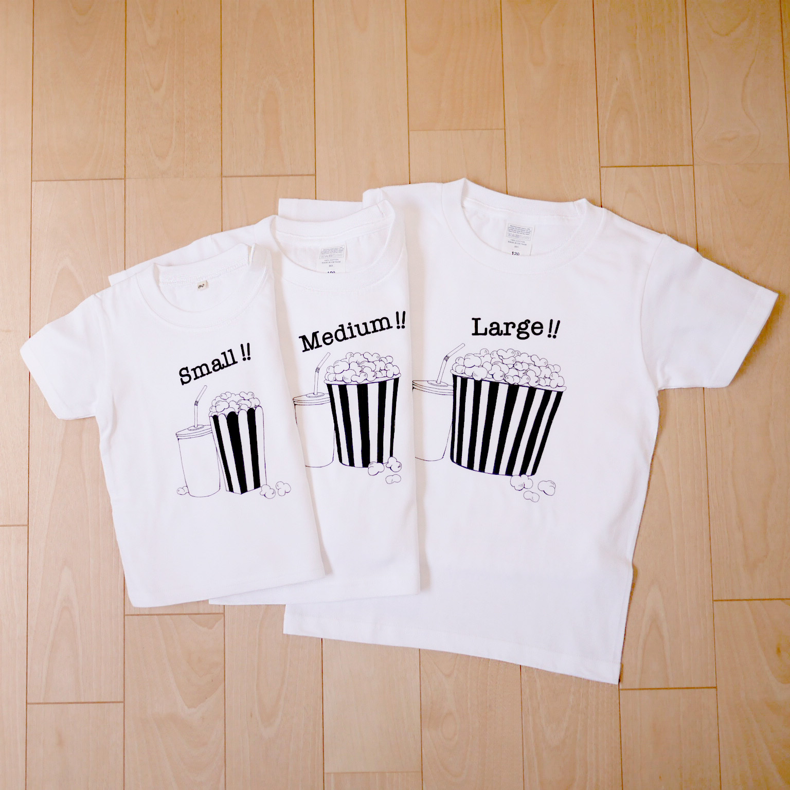 3人兄弟姉妹でおそろい /ポップコーン Small×Medium×Large プリント/ Tシャツ3枚組ギフトセット